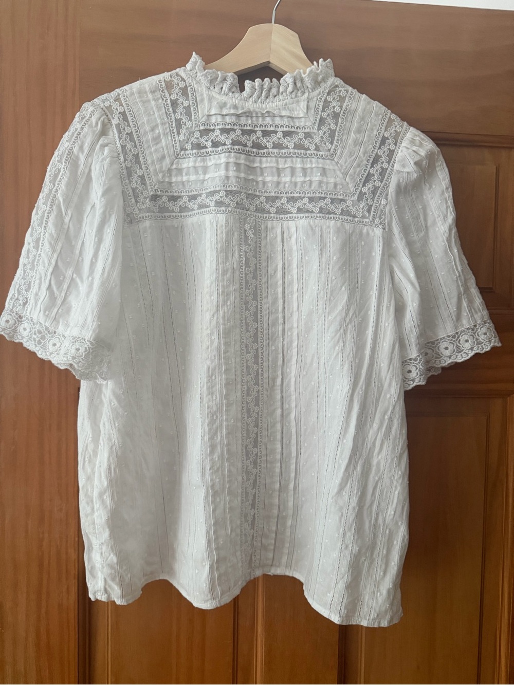 Sezane White Lace Pintuck Yoke Blouse